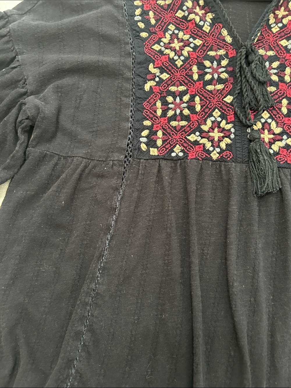 Bohemian Embroidered Flutter Sleeve Tassel Tie Front Top Flowy Feminine Hemline - Picture 10 of 11